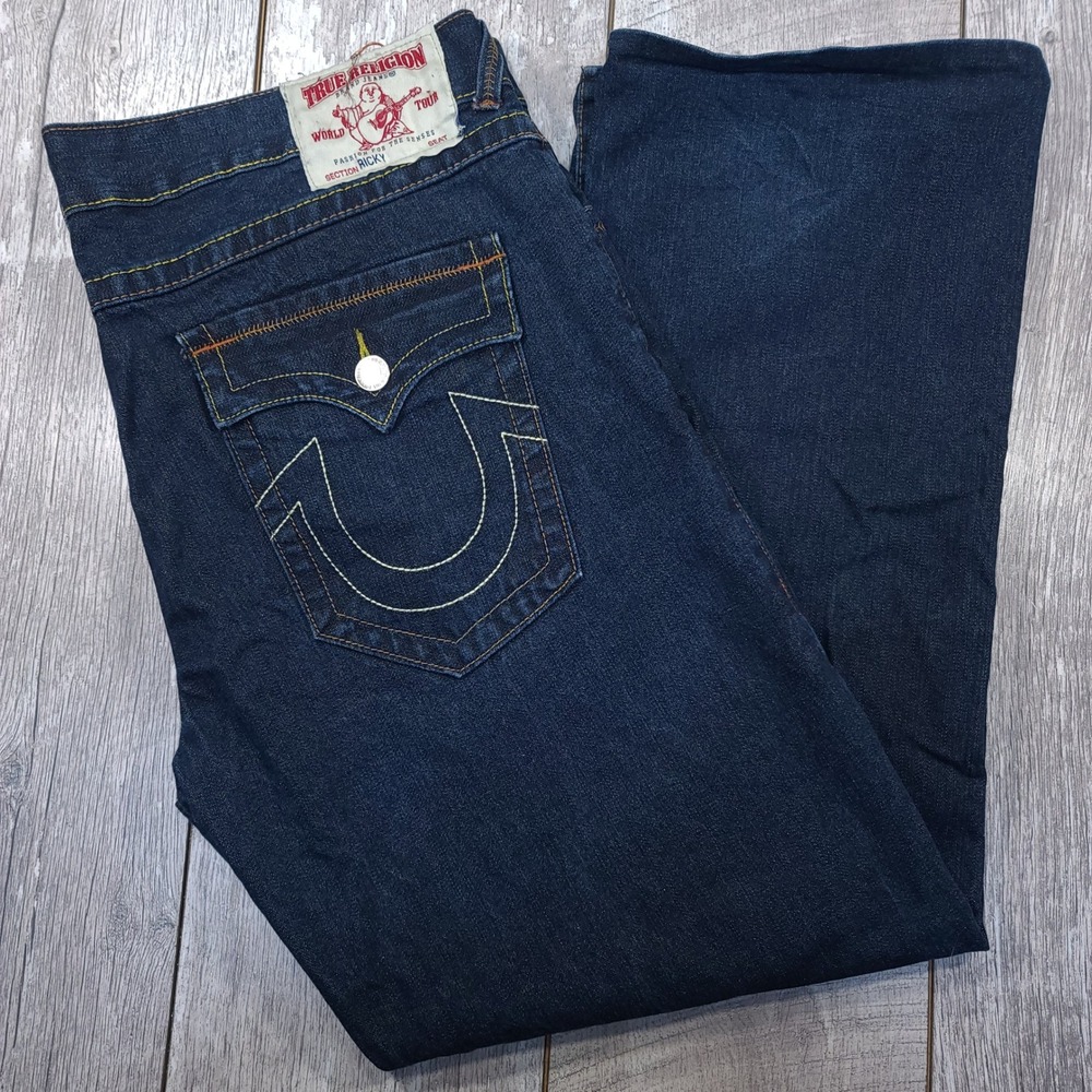 True Religion Ricky Jeans Mens 40x32 Dark Blue Straight Leg Indigo Denim